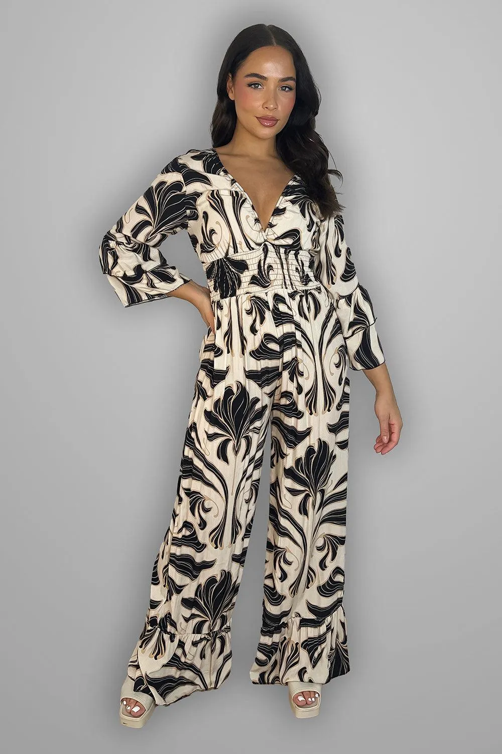 Shirred Waist Floral Print Slinky Jumpsuit