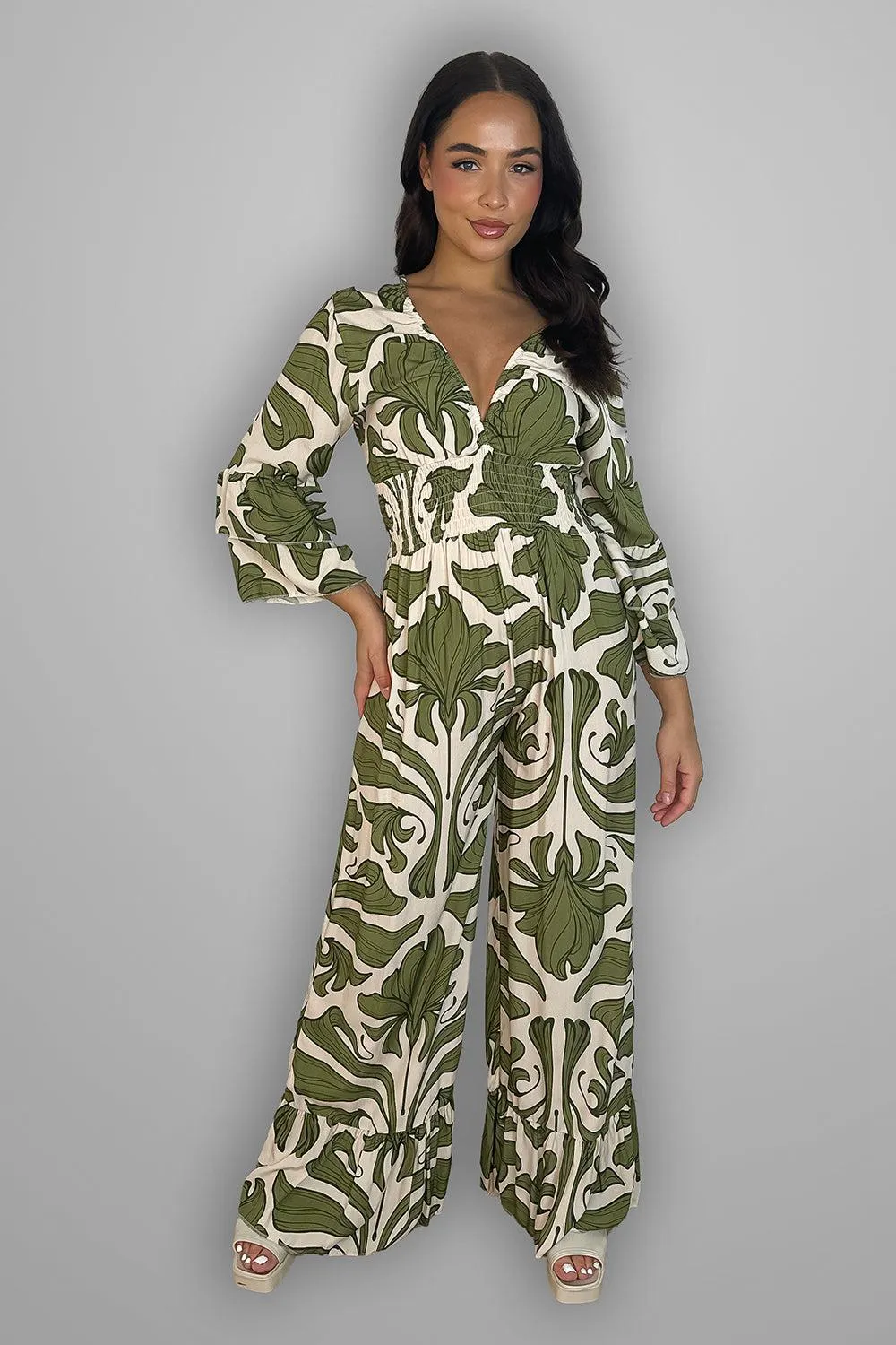 Shirred Waist Floral Print Slinky Jumpsuit