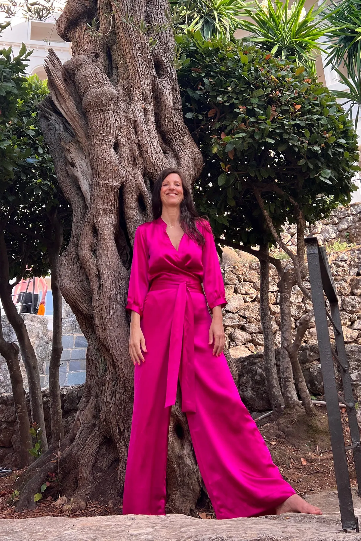 Silk Jumpsuit in Electric Pink