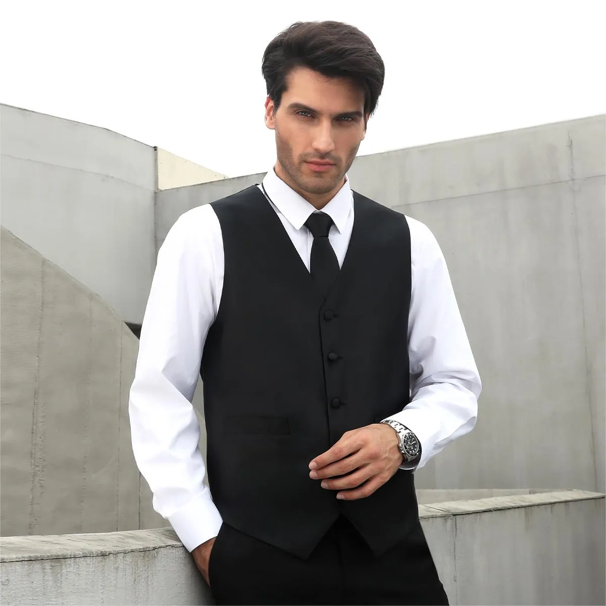 Solid 3pc Suit Vest Set - BLACK