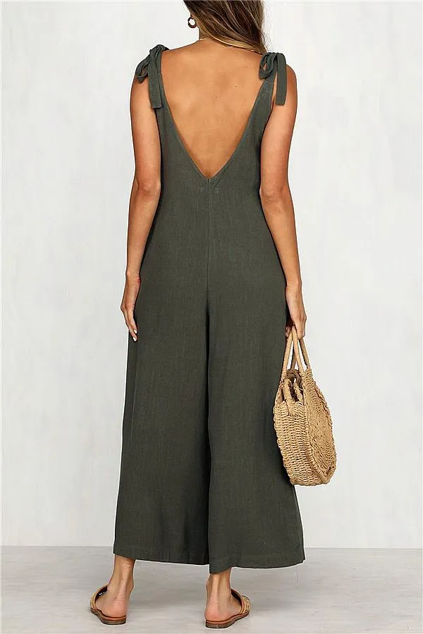 Solid Color Backless Jumpsuit