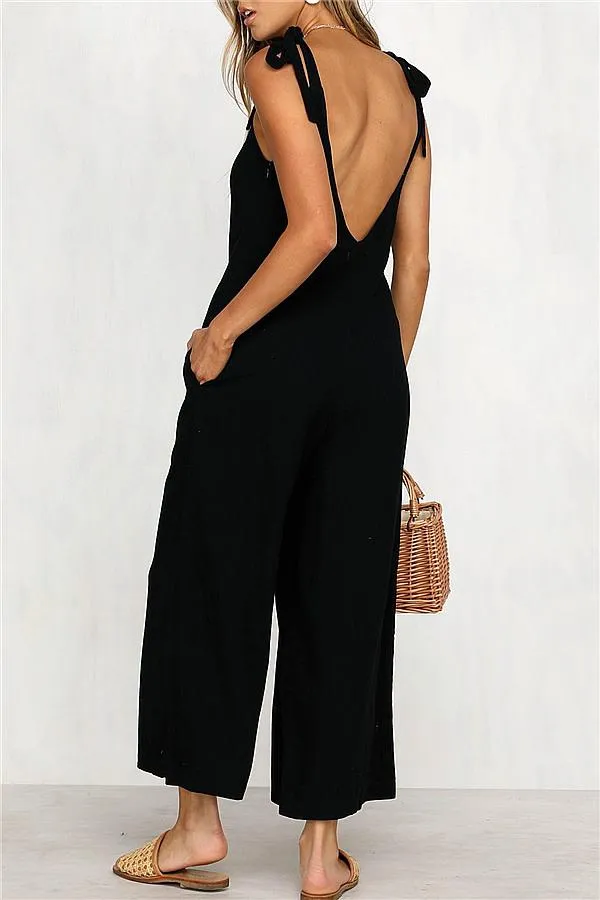 Solid Color Backless Jumpsuit