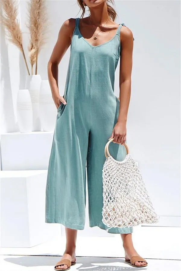 Solid Color Backless Jumpsuit