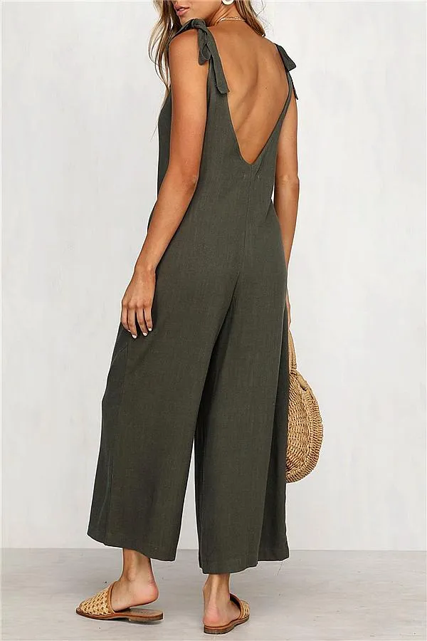 Solid Color Backless Jumpsuit