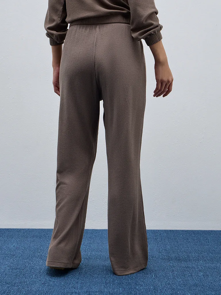 Studiofit Brown Ribbed High-Rise Track Pants