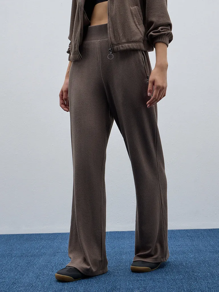 Studiofit Brown Ribbed High-Rise Track Pants