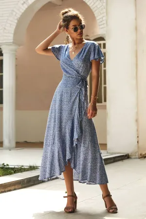 Summer Print Short Sleeve V-Neck Wrap Dress