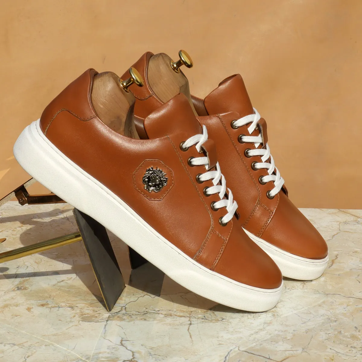 Tan Leather Low Top Sneaker with White Sole