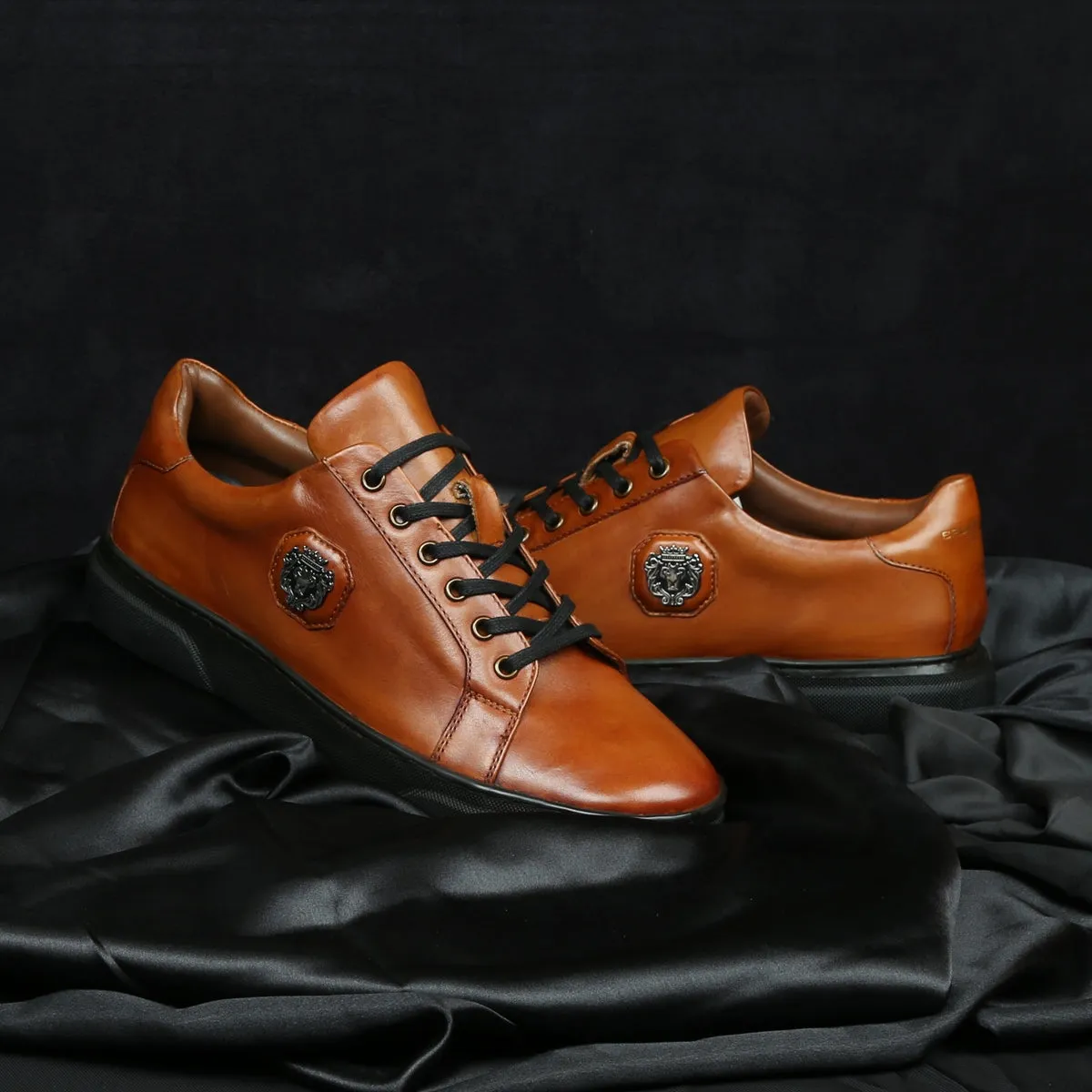 Tan Leather Low-Top Sneakers with Metal Lion logo on Quarter