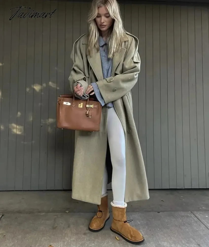 Tavimart Ins Fashion Trench Coat Overcoat Women Blogger Vintage Loose Ligh Green Long Jacket