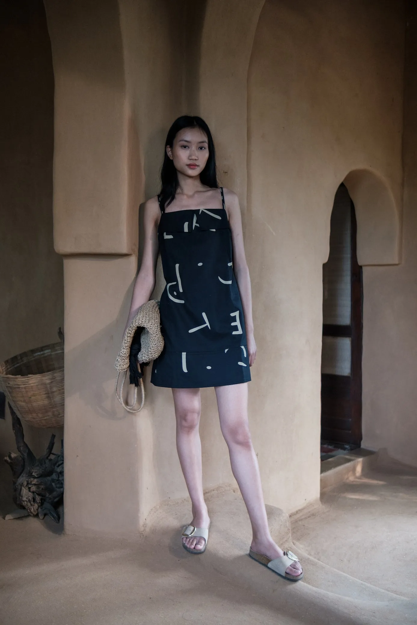 The Terra Tribe Black Line Printed Rachel Slip Dress