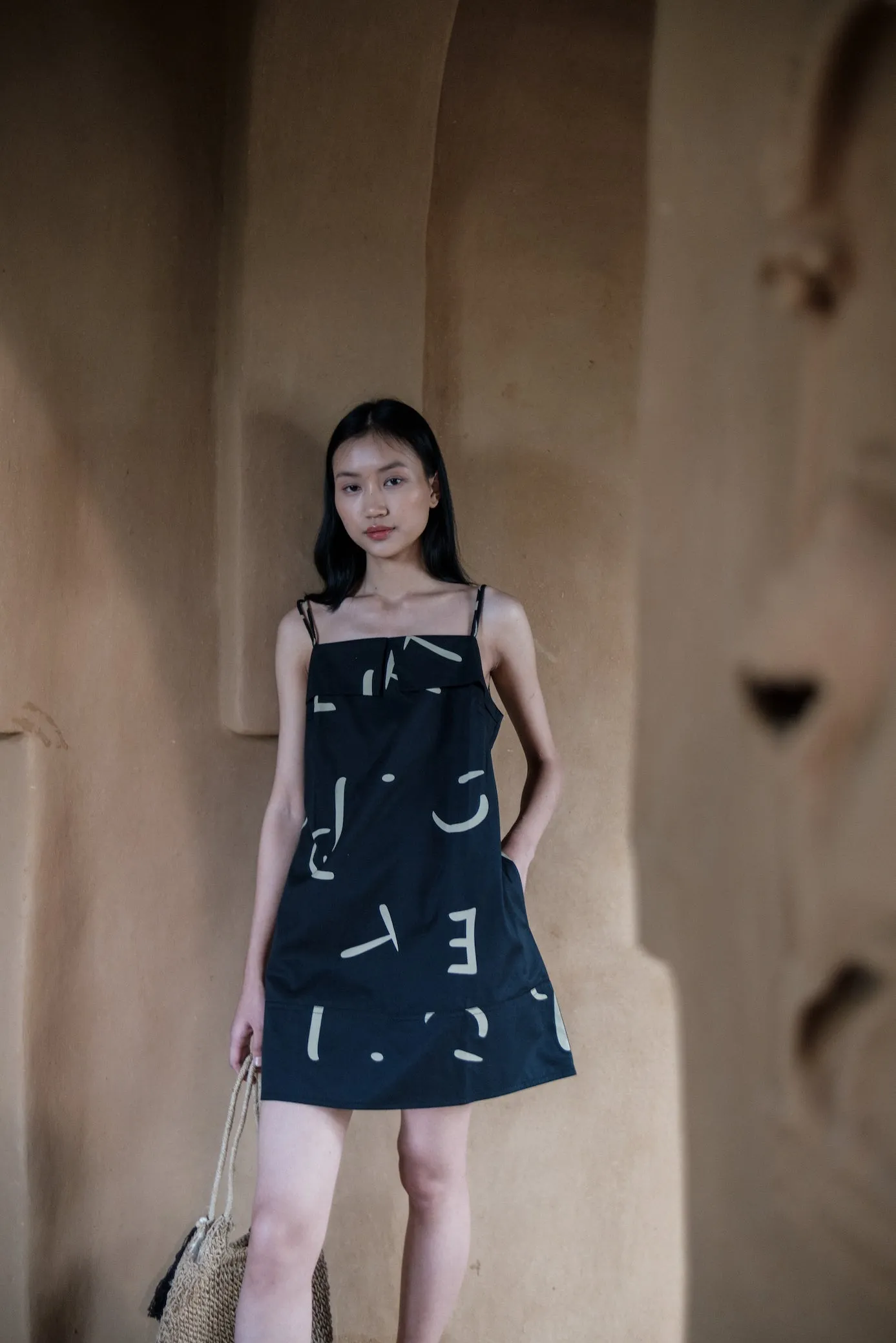 The Terra Tribe Black Line Printed Rachel Slip Dress