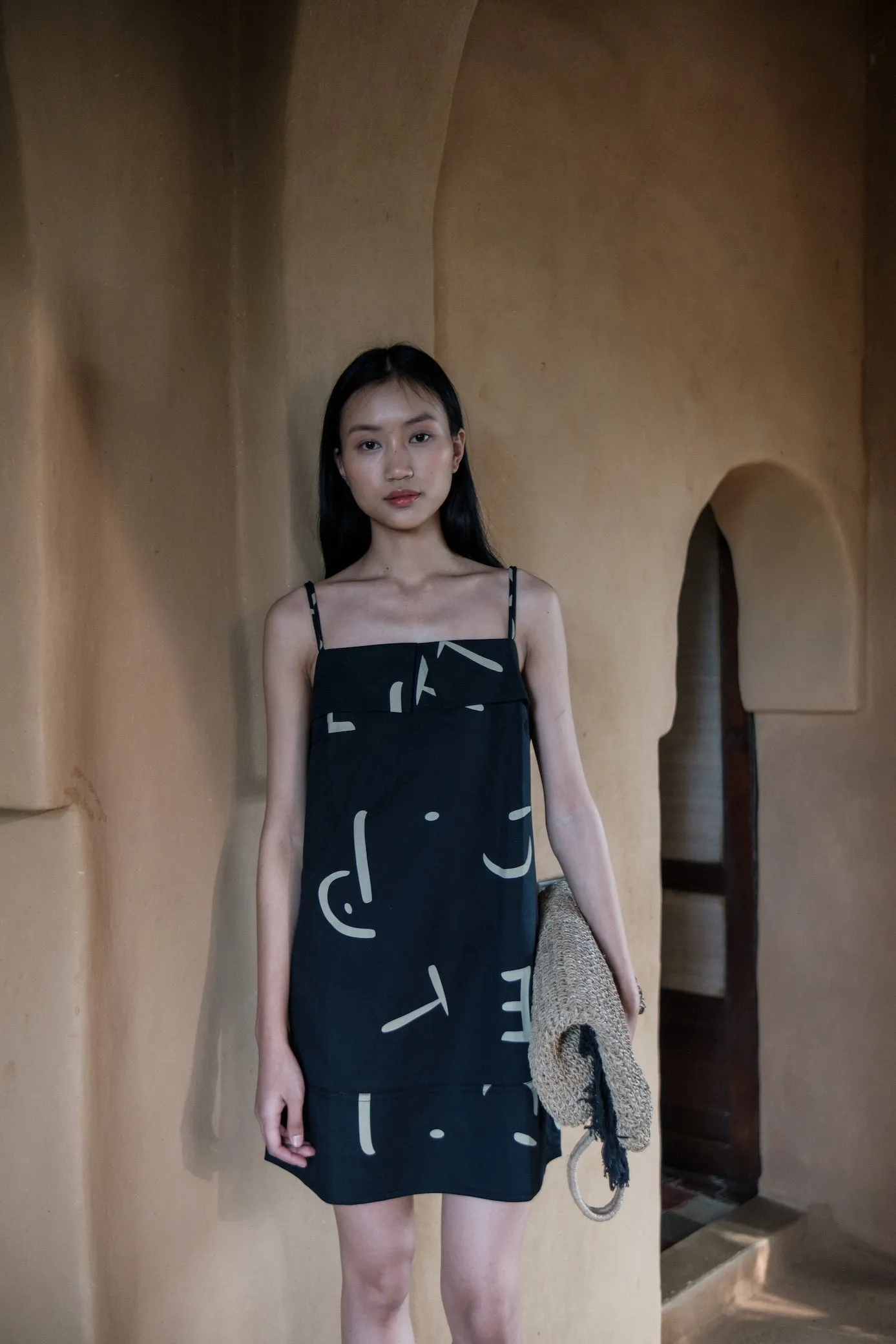 The Terra Tribe Black Line Printed Rachel Slip Dress