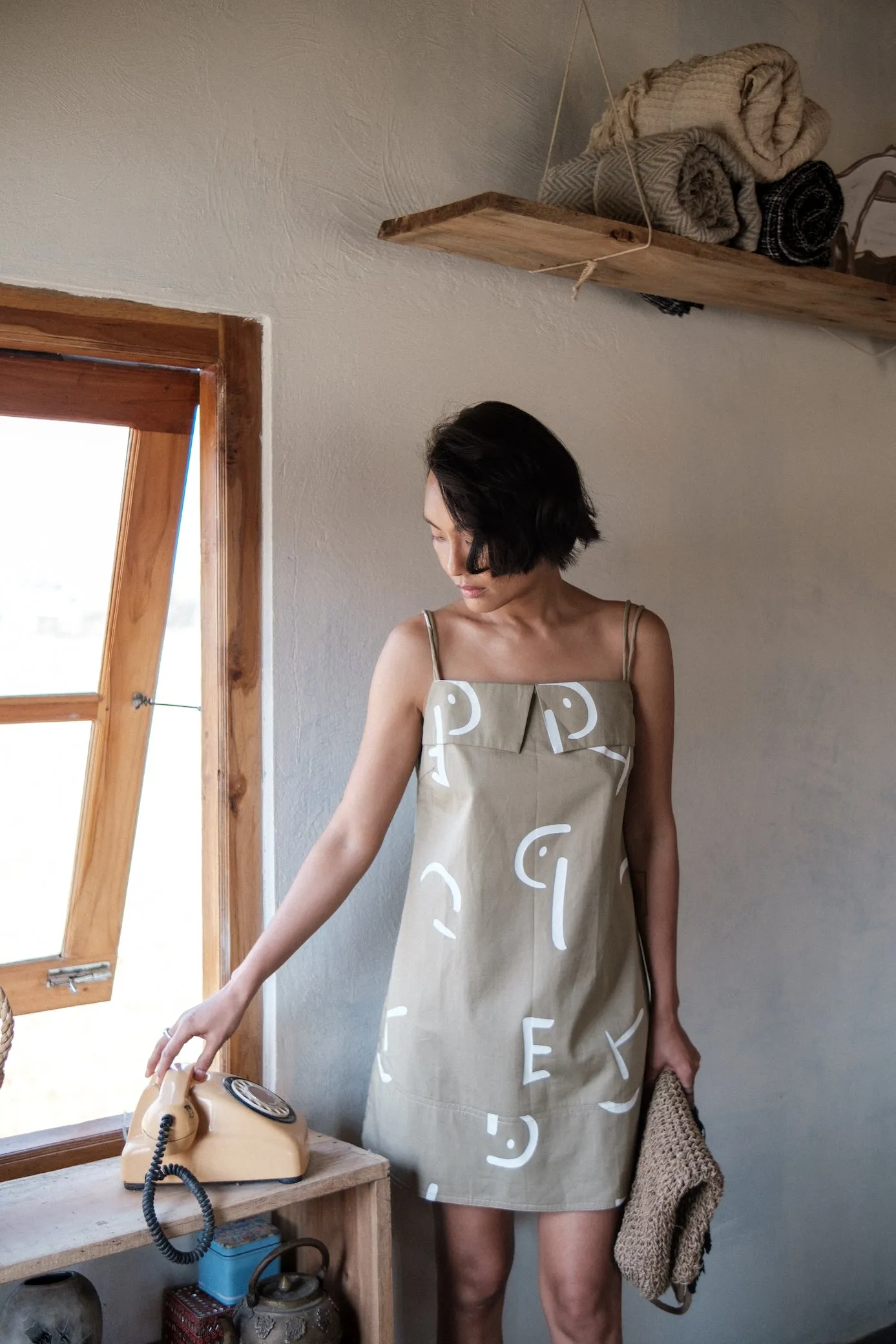 The Terra Tribe Khaki Line Printed Rachel Slip Dress