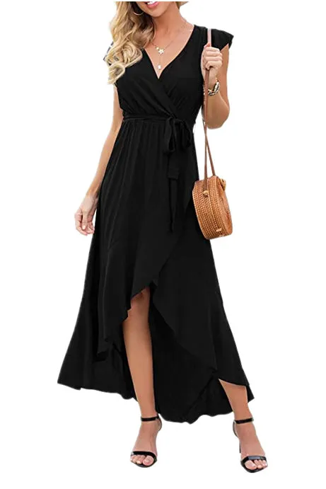 V-neck High Low Ruffled Wrap Dress