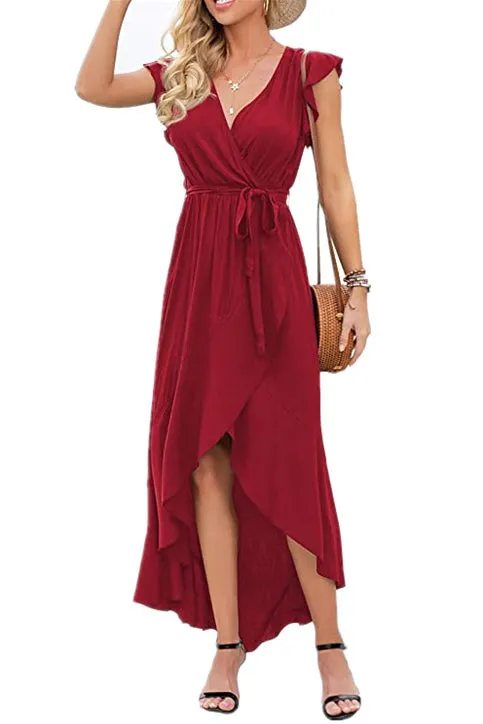 V-neck High Low Ruffled Wrap Dress