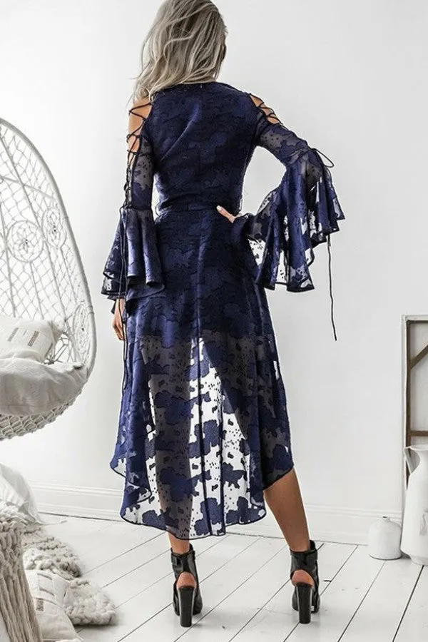 V-Neck Lace Asymmetric Wrap Dress