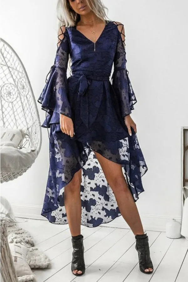 V-Neck Lace Asymmetric Wrap Dress