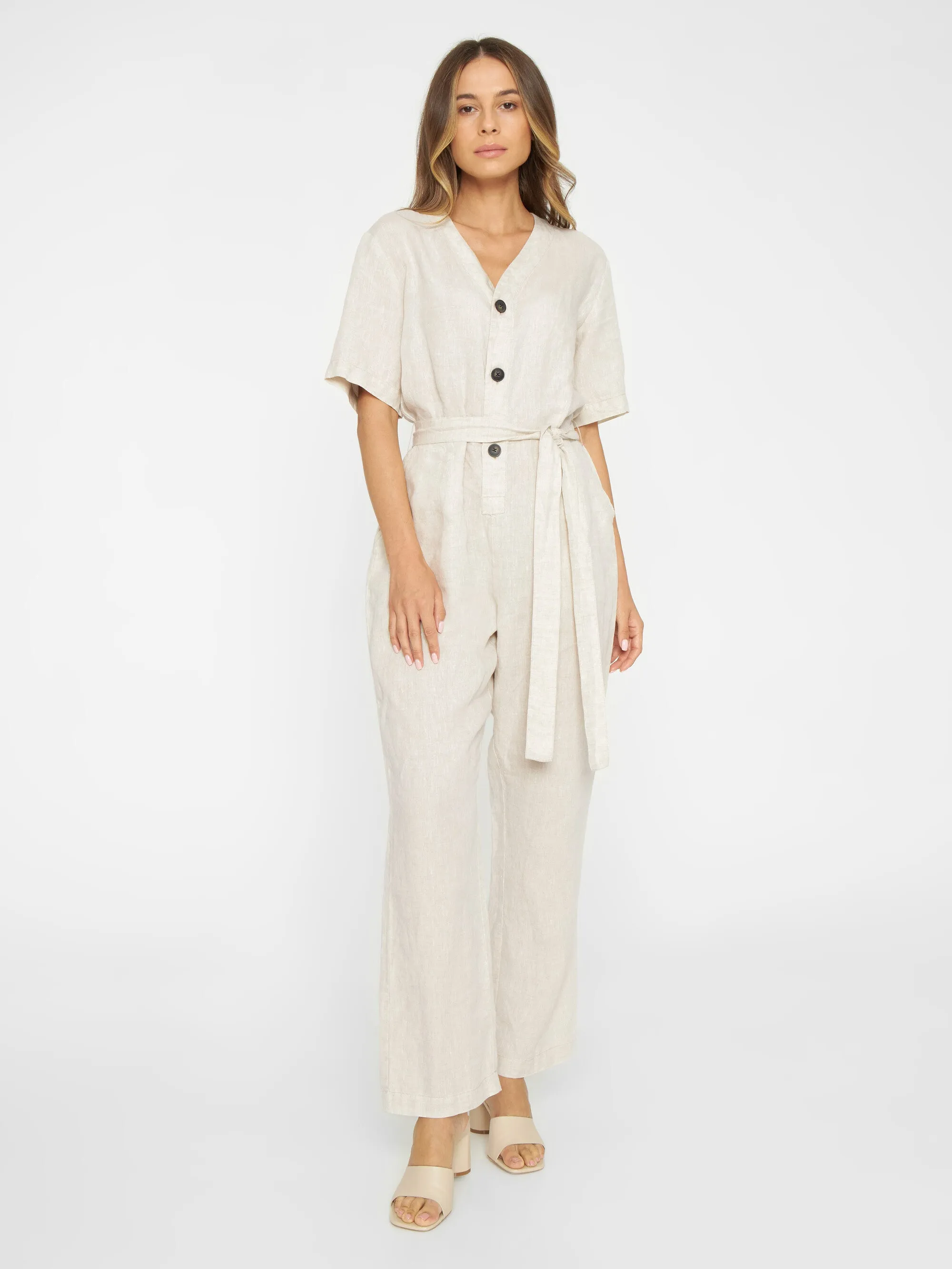 V-neck linen jumpsuit - Light feather gray