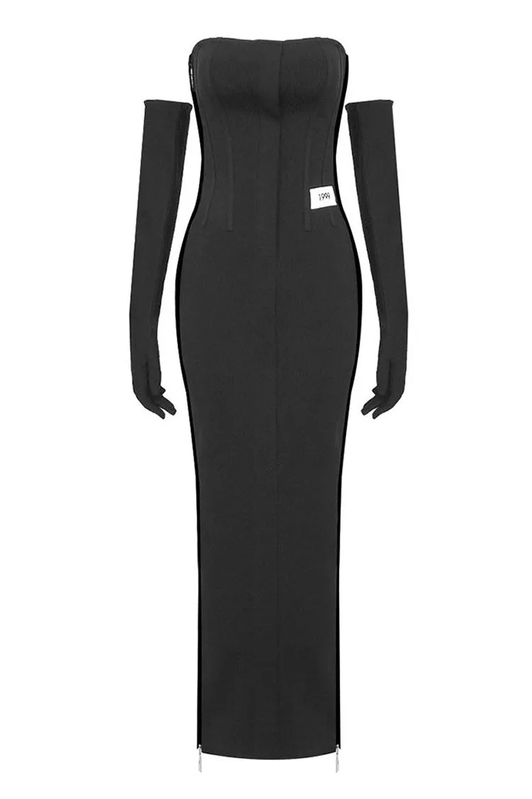 Vintage Strapless Opera Glove Zip Side Split Bandage Bodycon Evening Maxi Dress