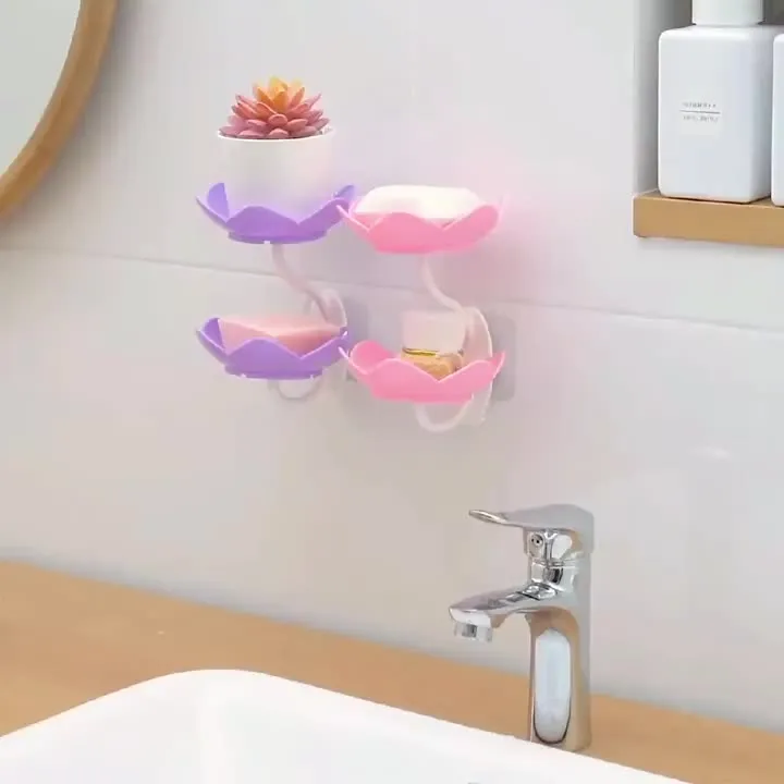 Wall- Mounted Drain Soap Box Double Layer Flower Shaped Soap Tray Removable Soap Dish Non- Slip Storage Self- Adhesive Bathroom Accessories