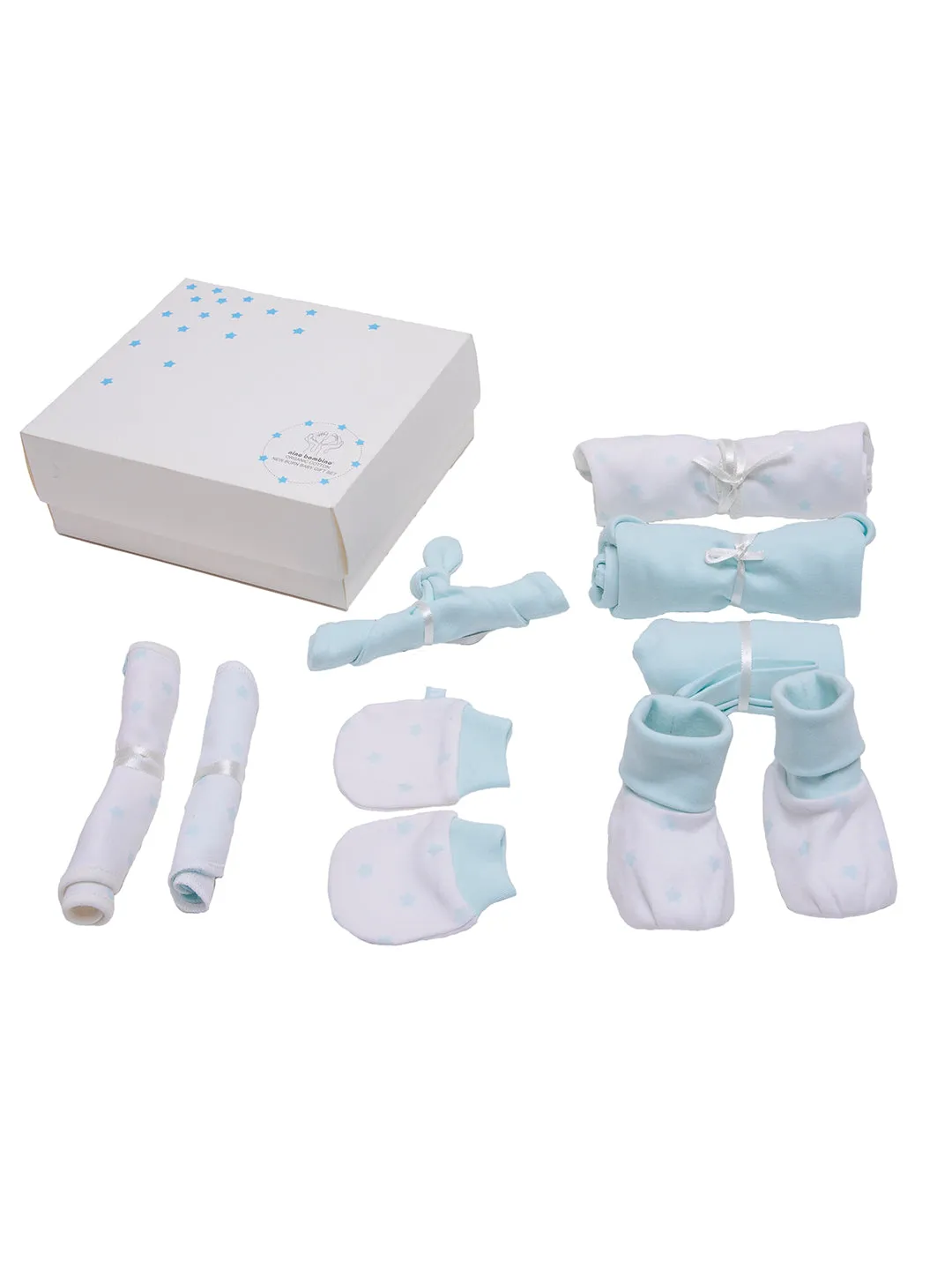 White & Blue Print Essentials Gift Sets (Pack Of 8) For Newborn Baby Boy