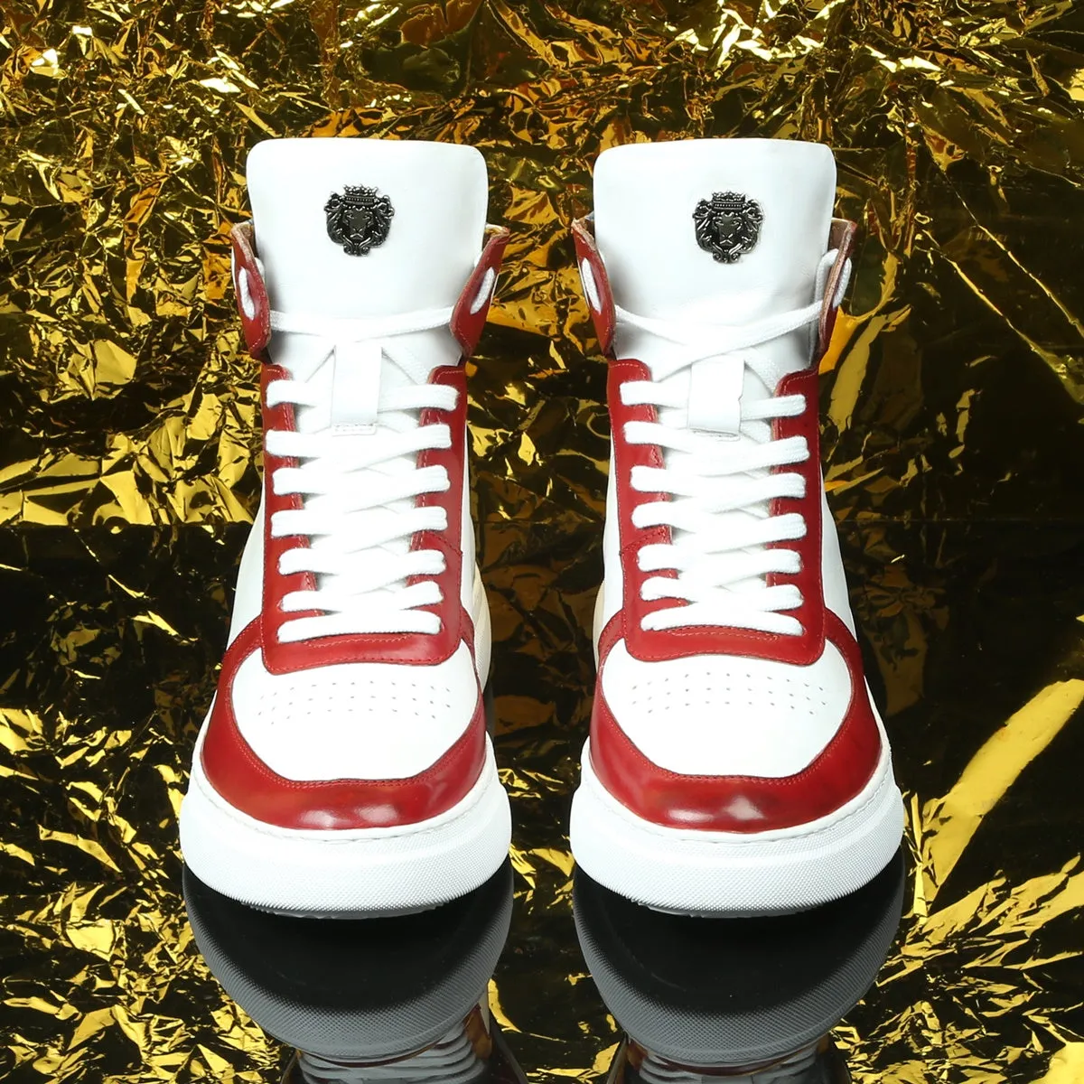 White High Ankle Sneakers with Contrasting Red & Blue Leather Detailing by Brune & Bareskin