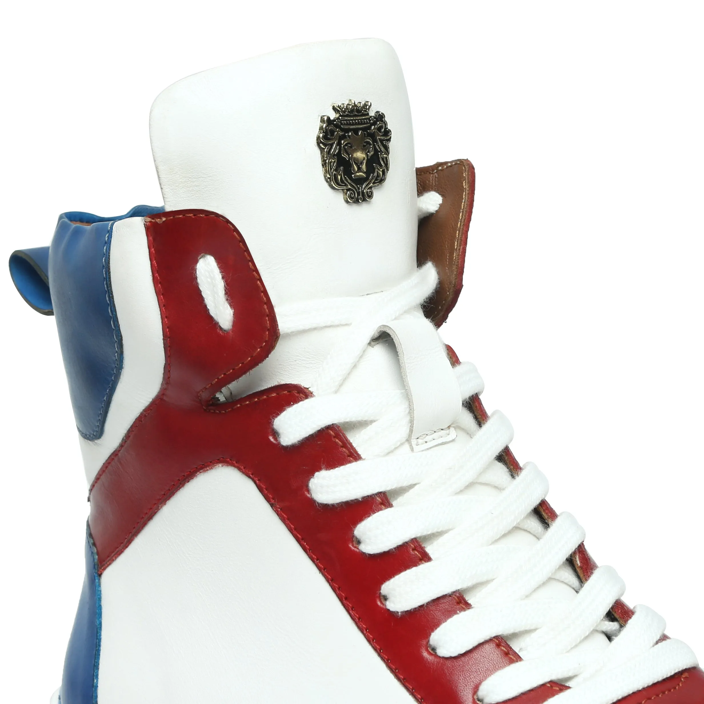 White High Ankle Sneakers with Contrasting Red & Blue Leather Detailing by Brune & Bareskin