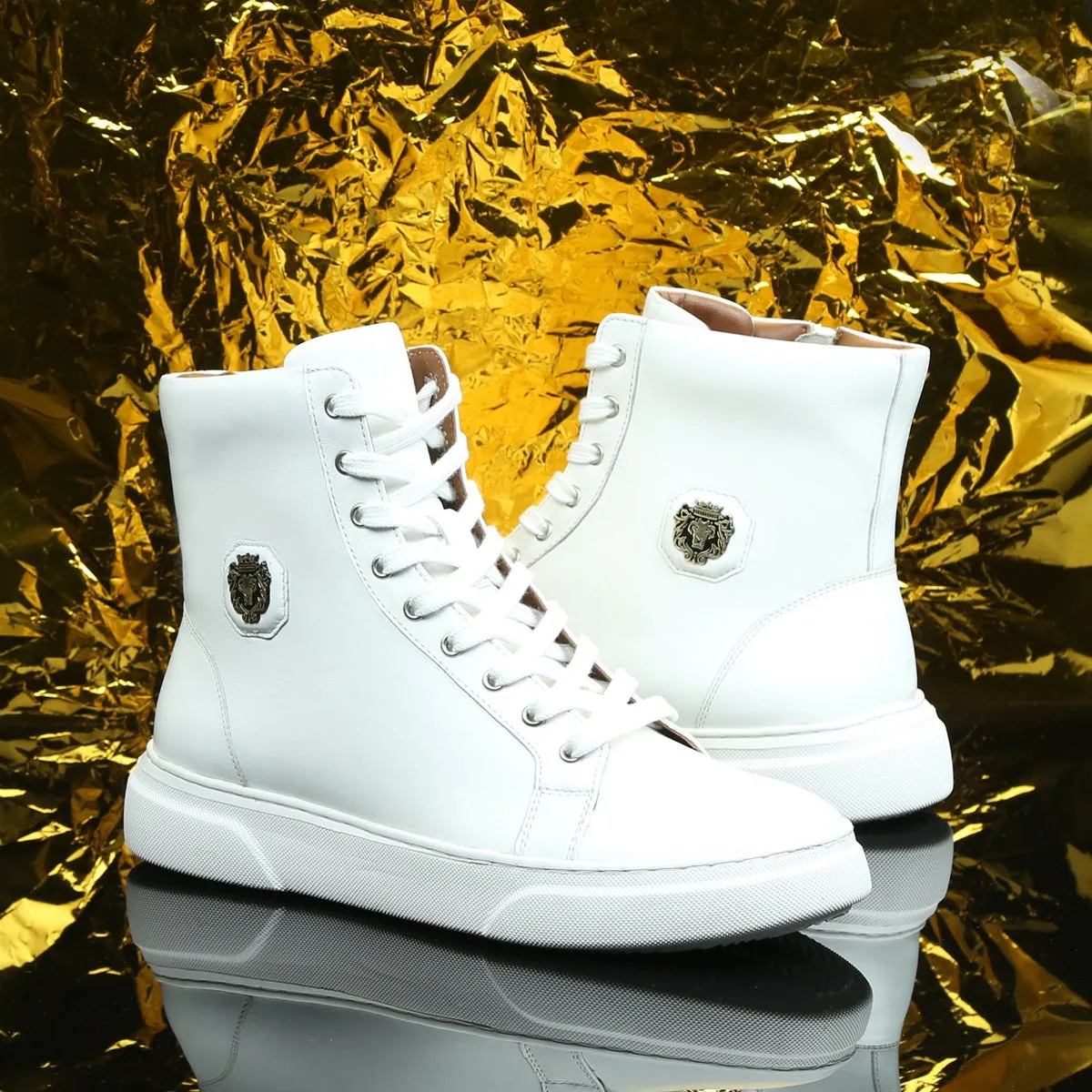 White High Ankle Sneakers With Metal Lion Logo E.V.A Sole by Brune & Bareskin