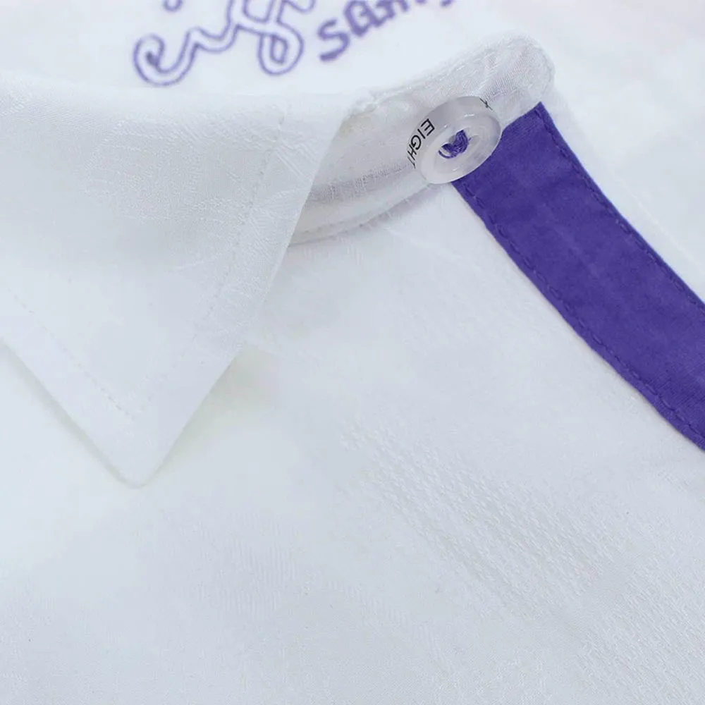 White Jacquard Button Down Shirt With Purple Trim