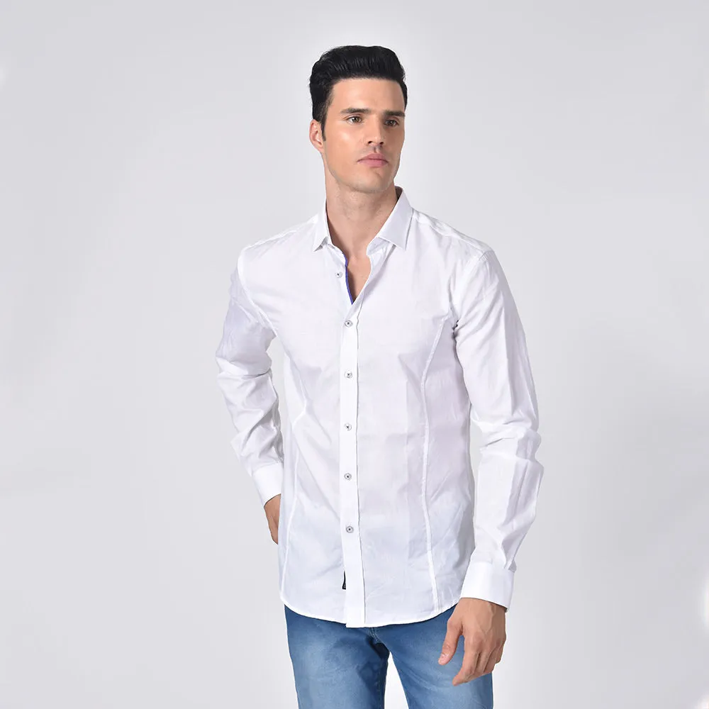 White Jacquard Button Down Shirt With Purple Trim