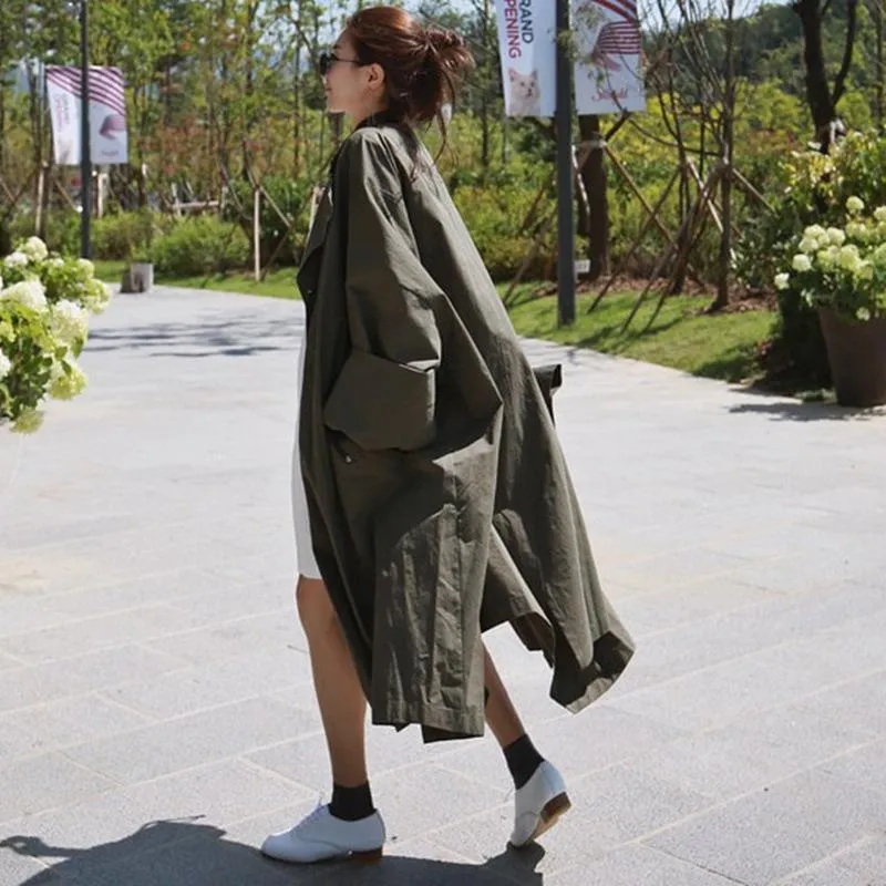 Women Bat Sleeves Army Green Fall Wind Break Coats