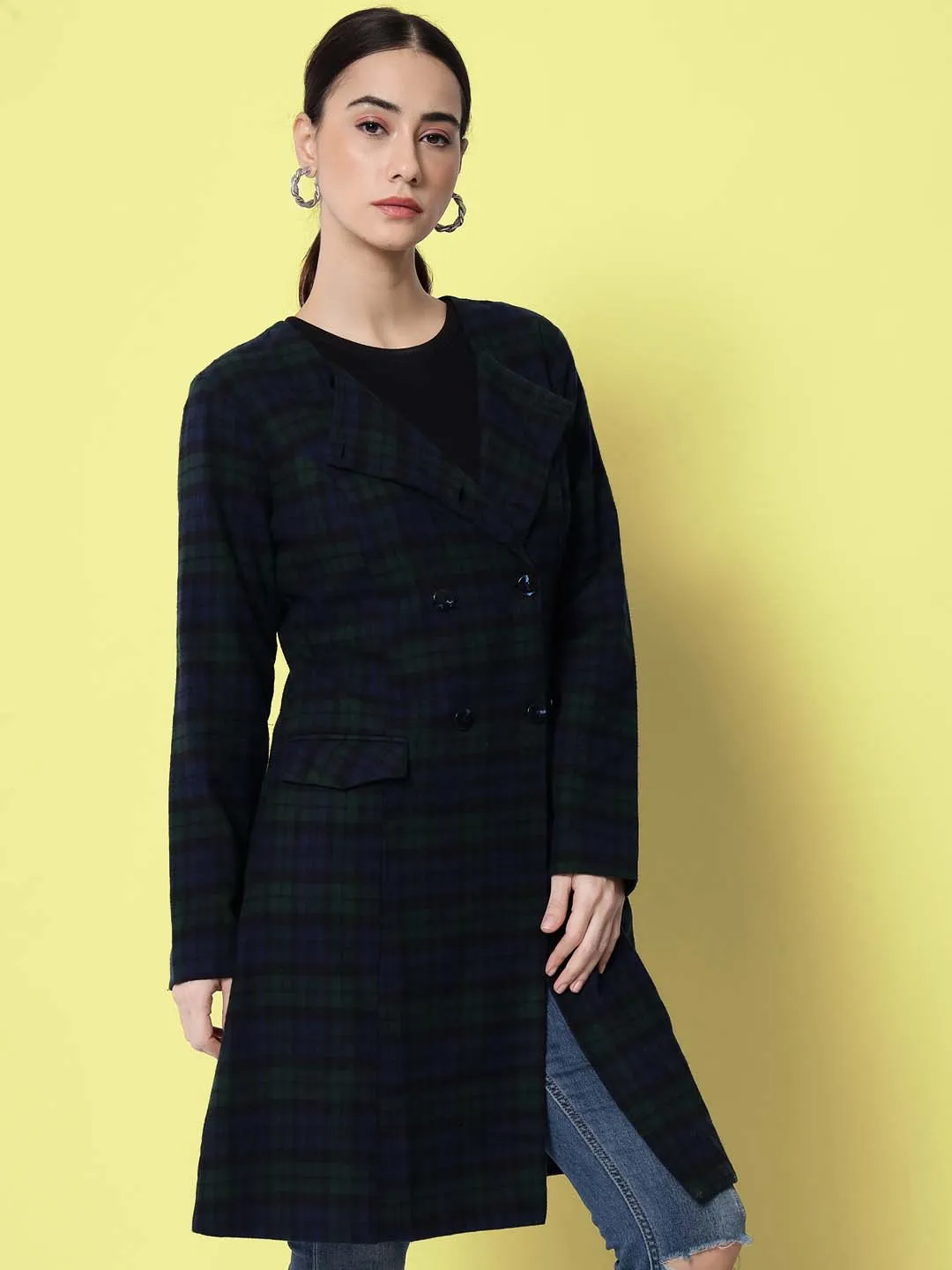 Women Blue & Green Checked Pure Cotton Overcoat