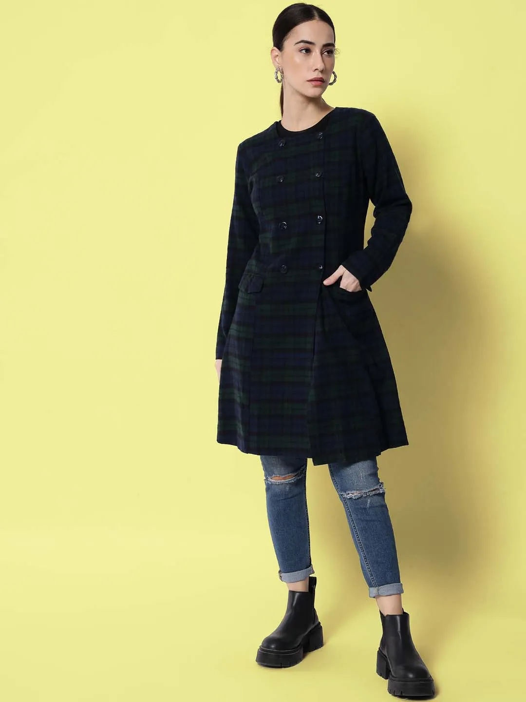 Women Blue & Green Checked Pure Cotton Overcoat