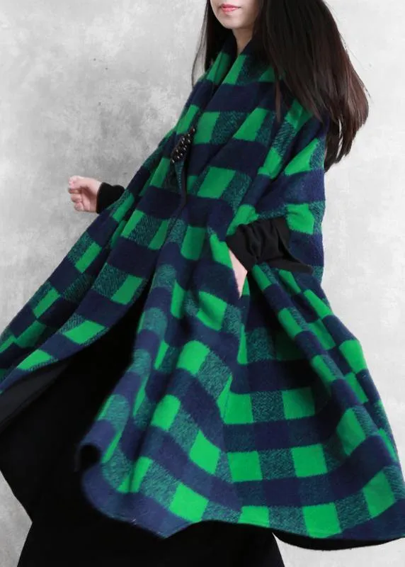 women casual Jackets & Coats green plaid Batwing Sleeve patchwork wool overcoat