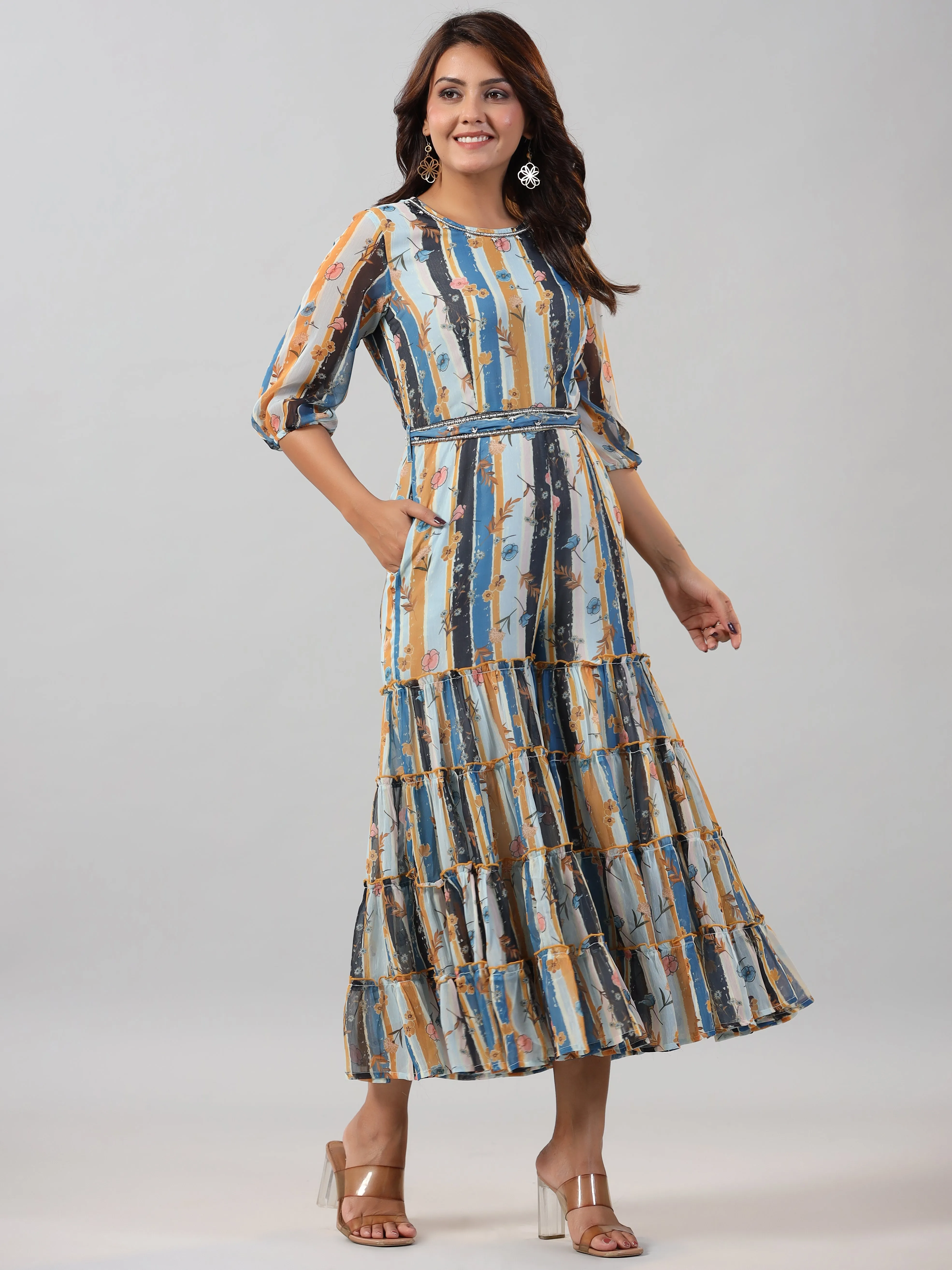 Women Skyblue Chiffon Printed Jumpsuit