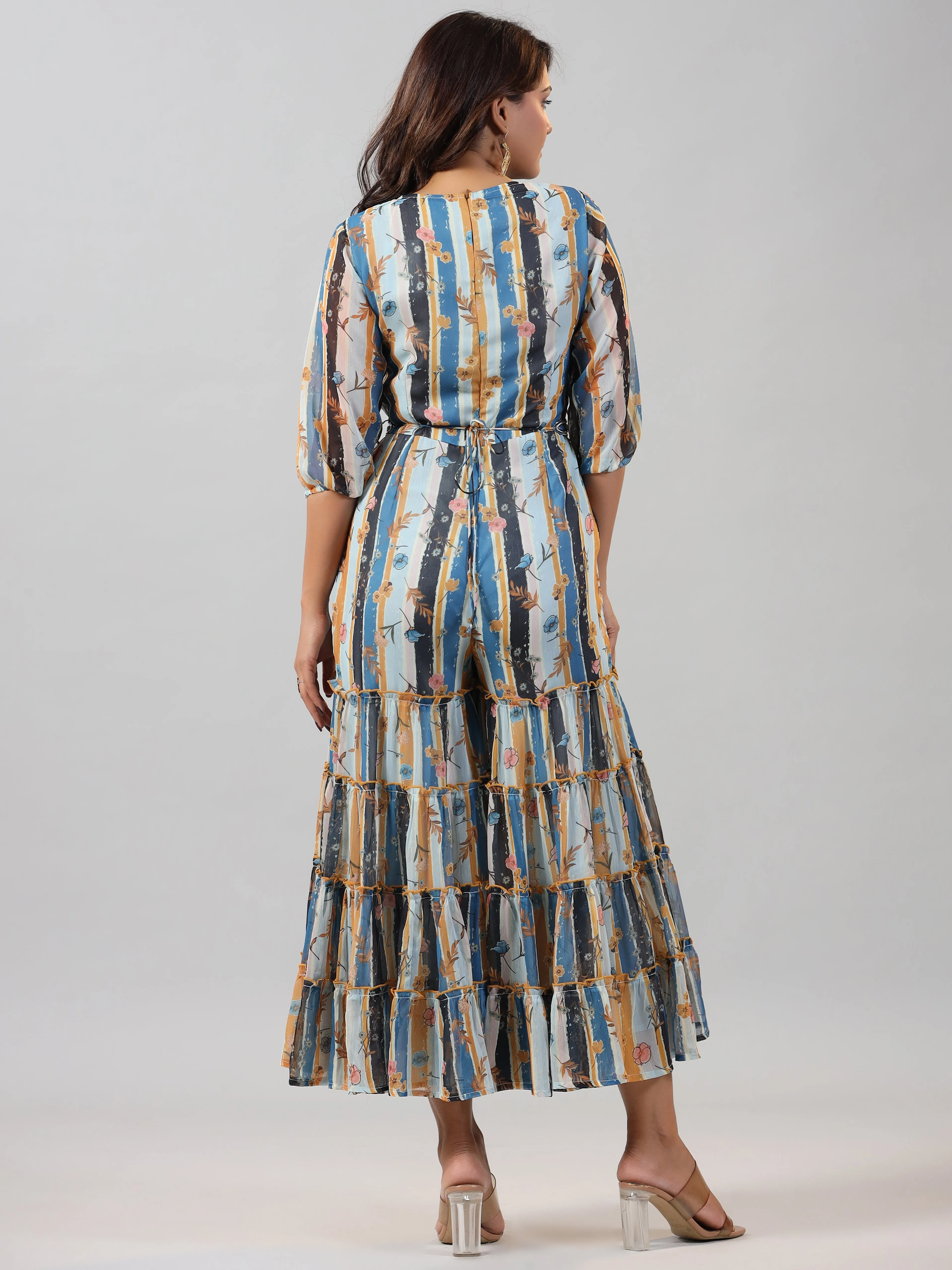 Women Skyblue Chiffon Printed Jumpsuit