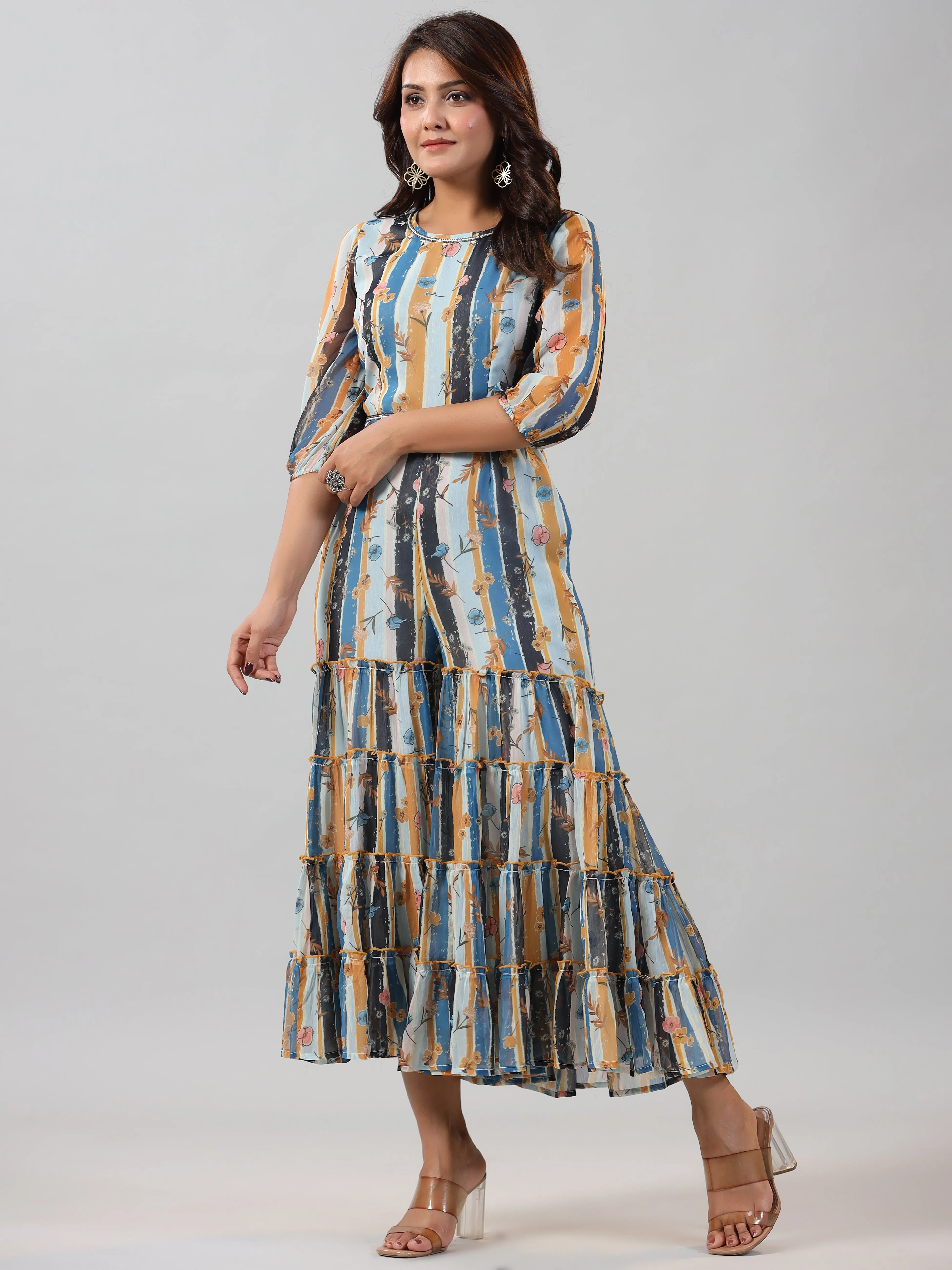 Women Skyblue Chiffon Printed Jumpsuit