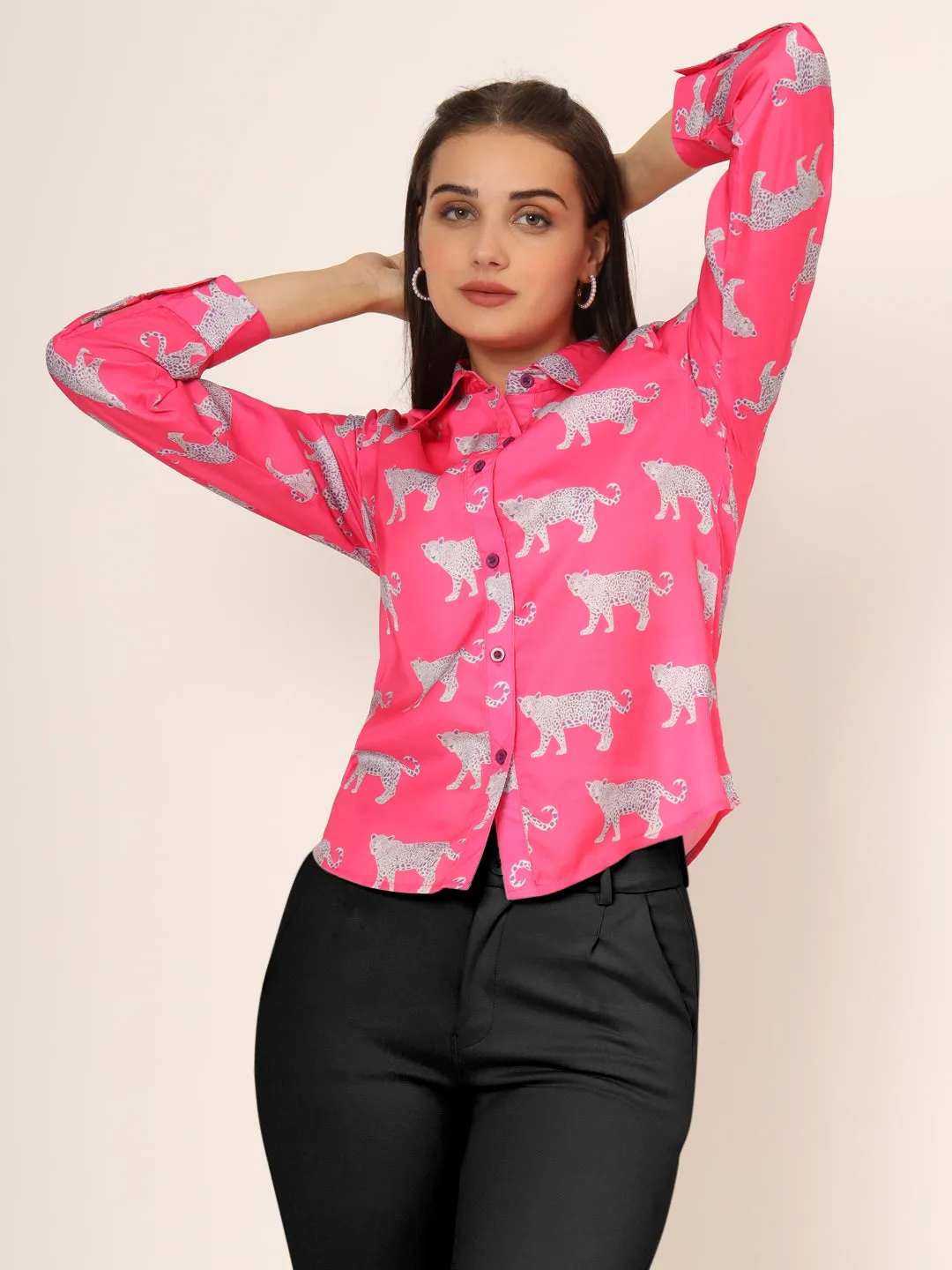 Women Slim Fit Animal Printed Spread Collar Casual Pink Shirt