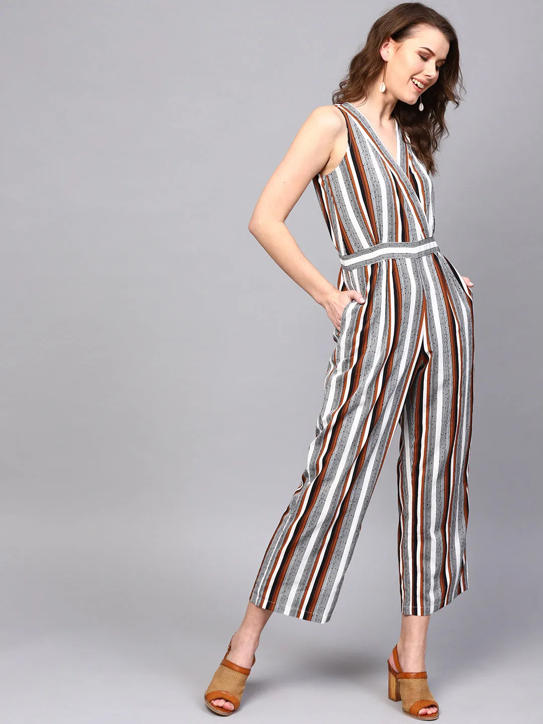 Women Wrap Neck Striped Jumpsuit