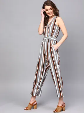 Women Wrap Neck Striped Jumpsuit