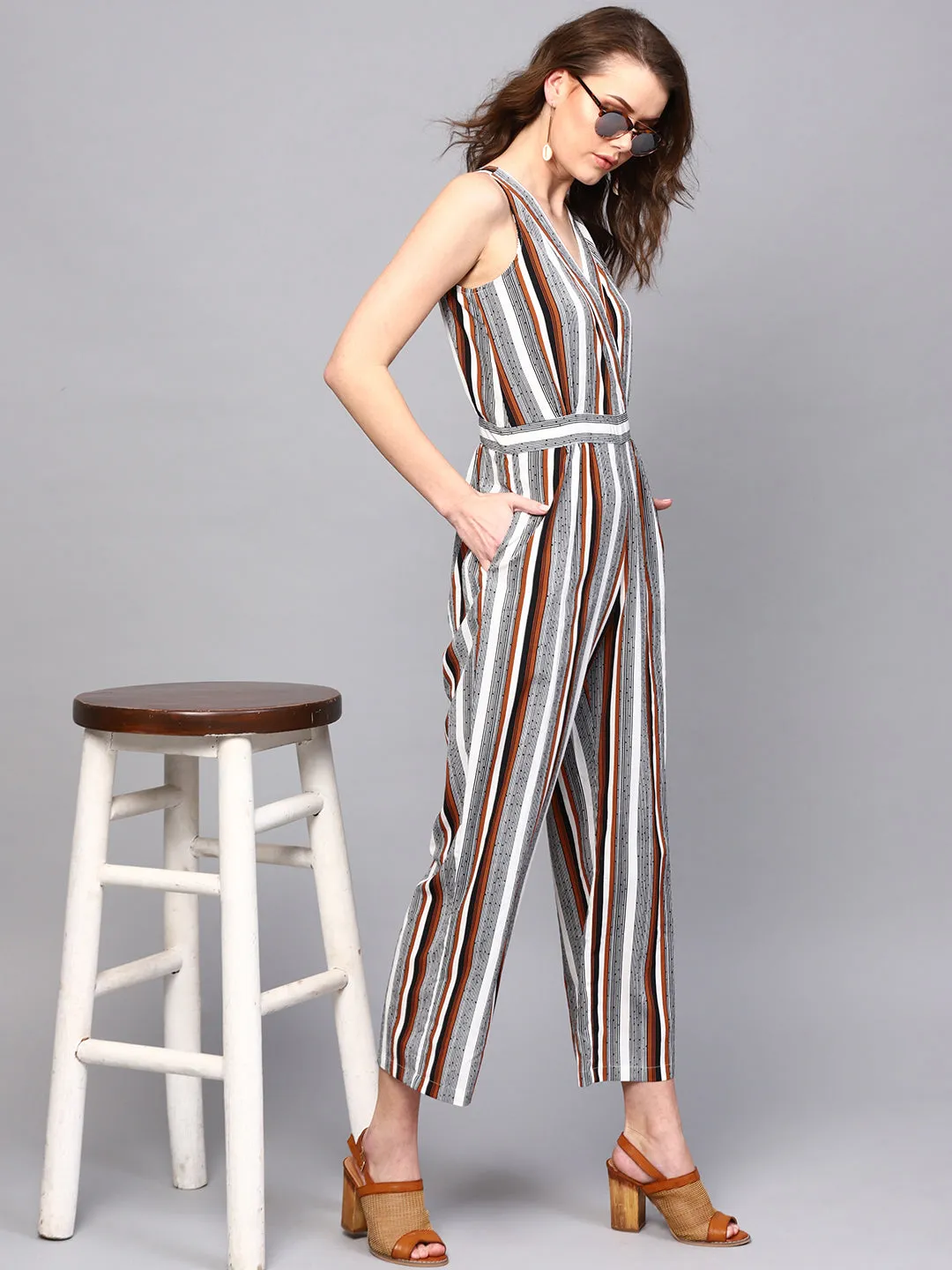 Women Wrap Neck Striped Jumpsuit