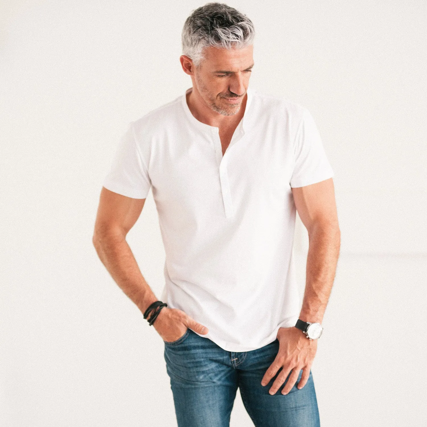 Woven Placket Henley Short Sleeve Shirt –  White Cotton Jersey